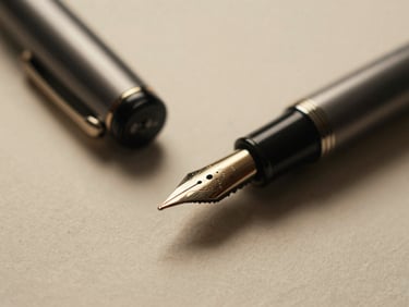 Macro detail of a vintage fountain pen resting on heavy cotton paper, warm low-key side-lighting, shallow depth of field