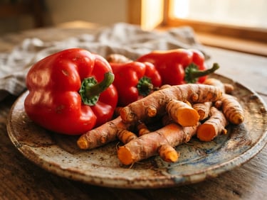 Close-up macro shot of vibrant red bell peppers and fresh turmeric roots on a rustic ceramic plate, sun-drenched golden hour light, shallow depth of field, 35mm