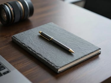 Macro details of high-end slate gray stationery on a dark wooden executive boardroom table, soft cool daylight
