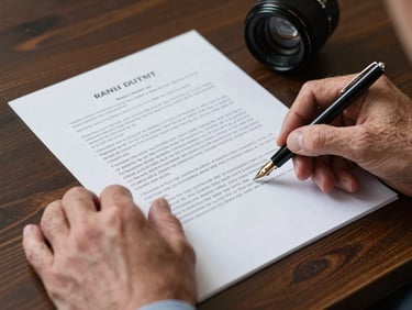 Close-up of senior hands reviewing a physical legal document with a fountain pen on a dark wooden desk, focused lighting.