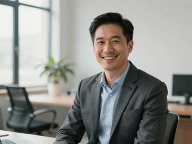Professional portrait of a male therapist in a clean, well-lit modern office, natural diffused light, wearing professional attire, smiling warmly
