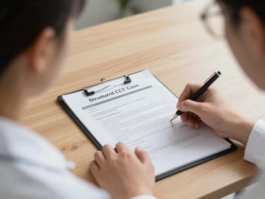 Over-the-shoulder shot of a therapist's hands filling out a structured CBT case conceptualization sheet on a clean wooden desk, soft natural light, professional and academic atmosphere.