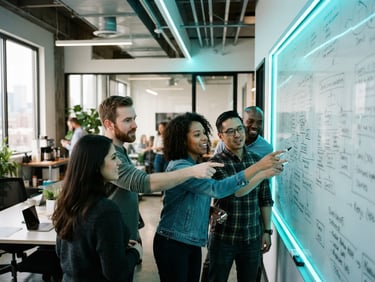 Active collaboration in a modern Indiana coworking space, diverse entrepreneurs pointing at a whiteboard with vibrant electric cyan lighting accents, 35mm photography
