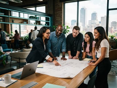 A high-contrast 35mm photograph of local professionals collaborating around a blueprint in a modern Indianapolis innovation space, cool cyan LED lighting accents, dynamic natural light.