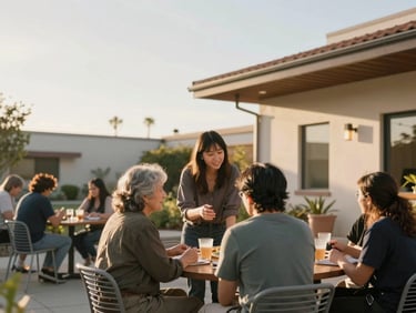 A community partner respectfully engaging with a resident in a bright, communal outdoor space, soft golden hour light.