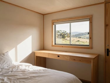 Interior shot of a clean, minimalist private cabin, showing a bed and small desk, warm natural light from a window.