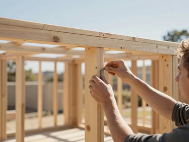 Hands assembling a prefabricated housing unit, showing clean structural lines and focused work, bright daylight.