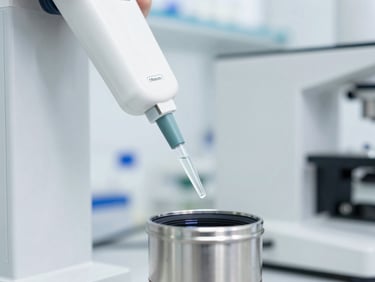 Bright sterile white laboratory environment, stainless steel equipment, precise liquid pipetting, sharp macro focus, 35mm lens