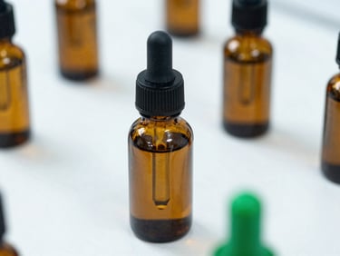 Macro photography of amber glass dropper bottles on a sterile white laboratory surface, soft green botanical shadows, sharp focus