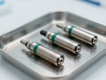 Close-up of metallic vaporizer hardware components arranged on a clean stainless steel tray, clinical laboratory lighting