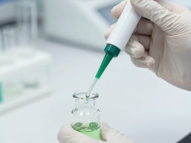 A scientist in white gloves using a micro-pipette to dispense green botanical liquid into a glass vial, sterile lab background
