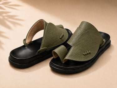 Elegant olive green textured leather Arabic sandals with black medicated soles