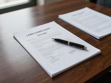 Close overhead detail of a polished boardroom table with open loan facility documents, a pen resting across a signature page, and a second document annotated in the margin, cool natural office light from a window to the upper left