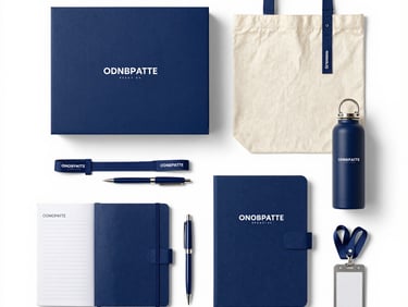 Overhead close-up of a curated corporate gift set laid out on a white surface — branded box, pen, notebook, and small accessory arranged precisely, cool studio strobe, no text