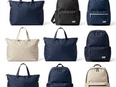 Flat-lay overhead of folded tote bags and branded canvas shoppers stacked neatly on a light grey studio surface, cool even lighting, print detail sharp, no people