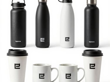 Overhead 45-degree product study of branded drinkware — reusable cups, water bottles, and travel mugs on a pale neutral surface, cool daylight, minimal shadows, clean brand print detail visible
