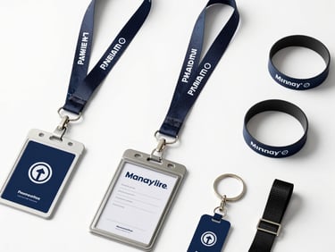 Overhead product study of event merchandise — lanyards, branded keyrings, and giveaway items arranged in a neat grid on a pale neutral surface, cool daylight, no people