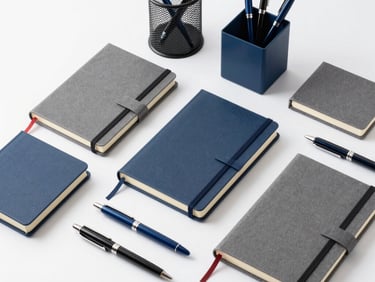 Overhead 45-degree product study of branded drinkware — reusable cups, water bottles, and travel mugs on a pale neutral surface, cool daylight, minimal shadows, clean brand print detail visible