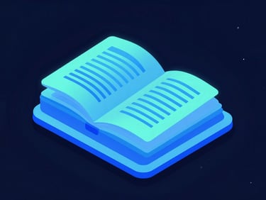 An isometric 3D render of a digital textbook with glowing neon blue diagrams, dark-mode background, clean vector style