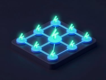 Isometric 3D render of a neon career map, glowing nodes connected by electric blue lines, mint green level-up icon, dark mode tech aesthetic