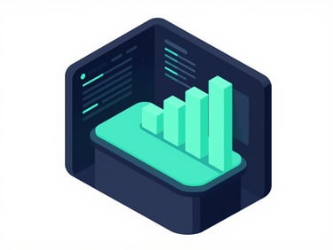 An isometric 3D render of a futuristic bar chart with neon mint green bars, dark-mode dashboard interface, clean vector style