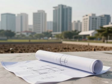 Clean plot of land with a rolled-up blueprint in the foreground, blurred modern Indonesian city skyline in the background, bright natural daylight, soft shadows, 35mm.