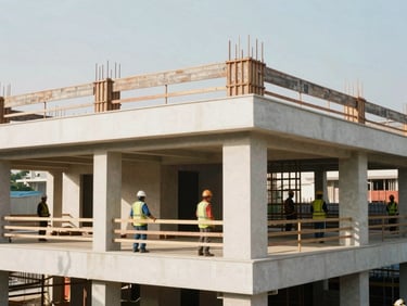 Professional Indonesian construction site, workers in safety gear, modern building frame, bright natural daylight, architectural details, soft shadows, 35mm