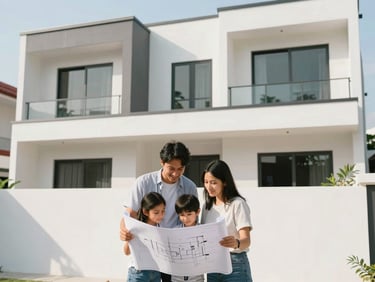 Modern Indonesian residential architecture, bright natural daylight, clean lines, a family looking at a blueprint, soft shadows, 35mm
