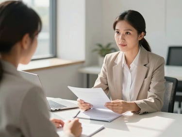 Clean financial consultation environment, a consultant explaining documents to a client, bright natural daylight, professional setting, soft shadows, 35mm