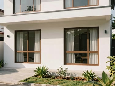 Modern Indonesian family home with a minimalist design, large windows, and a small garden, bright natural daylight, soft shadows, 35mm.