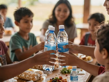 A close-up of caring hands distributing fresh food and water bottles to families in a community center, warm natural light, rich organic tones, shallow depth of field, authentic human connection.