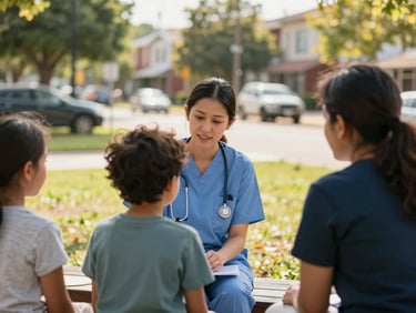A medium shot of a community nurse warmly interacting with a child at a pop-up clinic in a vibrant neighborhood park, natural daylight, rich organic tones, shallow depth of field, authentic human connection.