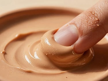 Macro close-up of thick terracotta-toned cream being scooped by a finger, showing rich tactile texture under direct warm sunlight