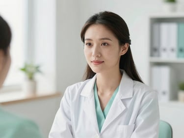 Soft-focus professional portrait of an empathetic female psychologist listening attentively, warm and bright office setting.