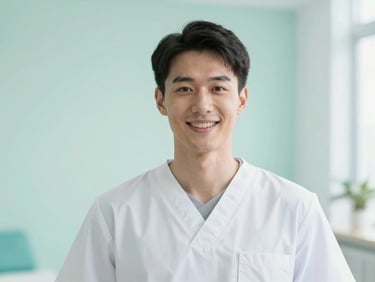 Soft-focus professional portrait of a male physical therapist smiling, clean white and mint green clinical setting, soft lighting.