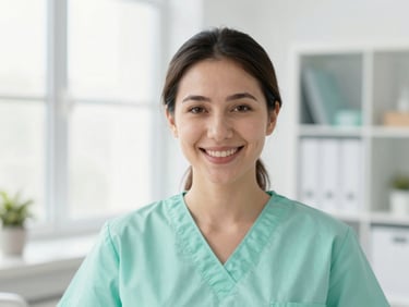 Soft-focus professional portrait of an empathetic female physical therapist smiling warmly, bright clinic background, natural daylight.