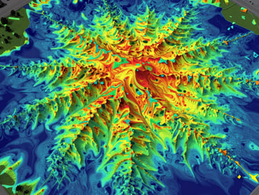 Vibrant self-illuminated neon 3D digital surface model showing elevation heatmap of mountainous terrain