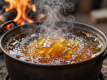 Macro close-up of golden, viscous sugarcane juice boiling in a traditional wide iron vat over a glowing wood fire, steam rising, rich amber textures.