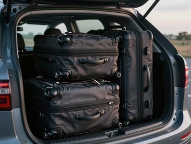 Documentary close-up of luggage being loaded into a car boot at a kerbside in early morning light, tarmac visible, overcast sky, no faces