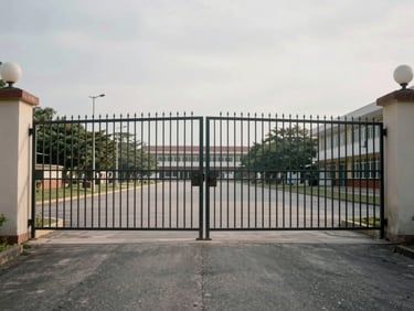 Wide documentary shot of an empty school gate on an overcast morning, iron railings, tarmac foreground, no people, flat natural light