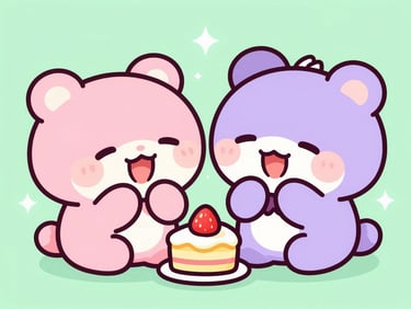 Kawaii digital illustration of Moachy and Roachy sharing a single tiny crumb of strawberry cake, eyes closed in pure joy, mint green background.