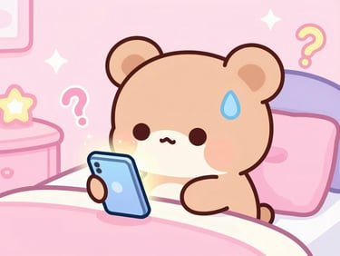 Kawaii digital illustration of Roachy staring anxiously at a glowing tiny smartphone, sweat drops and floating question marks, pastel pink bedroom setting.