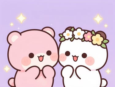 Kawaii digital illustration of Roachy gently placing a tiny flower crown on Moachy's head, both blushing intensely, soft golden sparkles.