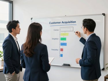 Collaborative whiteboard session in a bright Texas office, professional consultants analyzing customer acquisition funnels under natural daylight.