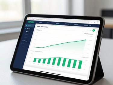 Close-up of a clean analytical dashboard showing real-time revenue metrics and pipeline velocity on a tablet screen, bright natural office daylight, navy and emerald tones, 35mm