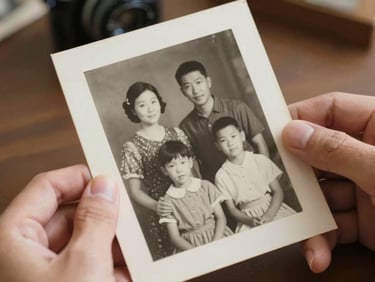 Close-up of hands holding a physical vintage black and white family photograph, warm natural light showing paper textures
