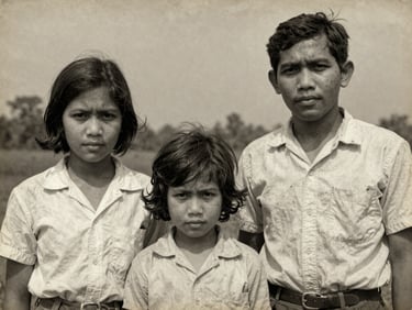 A damaged, faded black and white vintage photograph of an Indonesian family from the 1970s, showing cracks and dust textures, warm soft light.