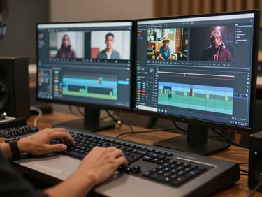 Close-up of a modern video editing timeline on a dual monitor setup, warm ambient lighting, hands resting on a professional color grading console in Yogyakarta studio.