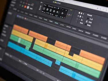 Clean close-up of a video editing software timeline on a screen, showing audio and video tracks with warm color grading