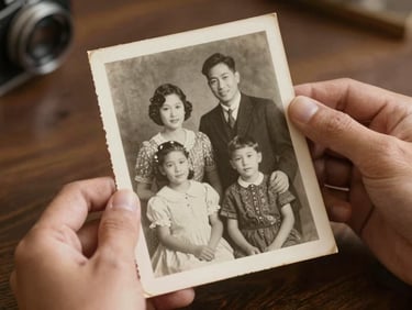 Close-up of hands holding a beautifully restored vintage black-and-white family photograph, soft warm lighting, showing rich texture.